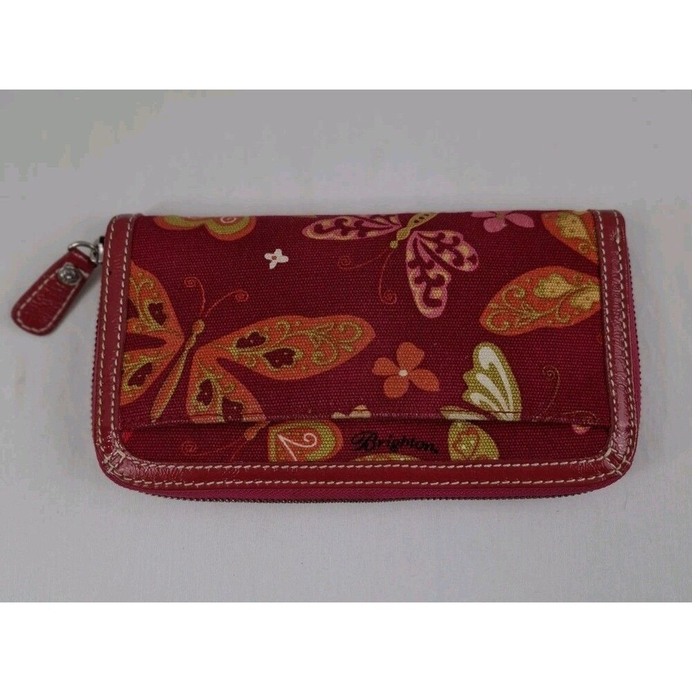 Brighton Women’s Wallet Zipper Closure Red Floral Butterfly Credit Card